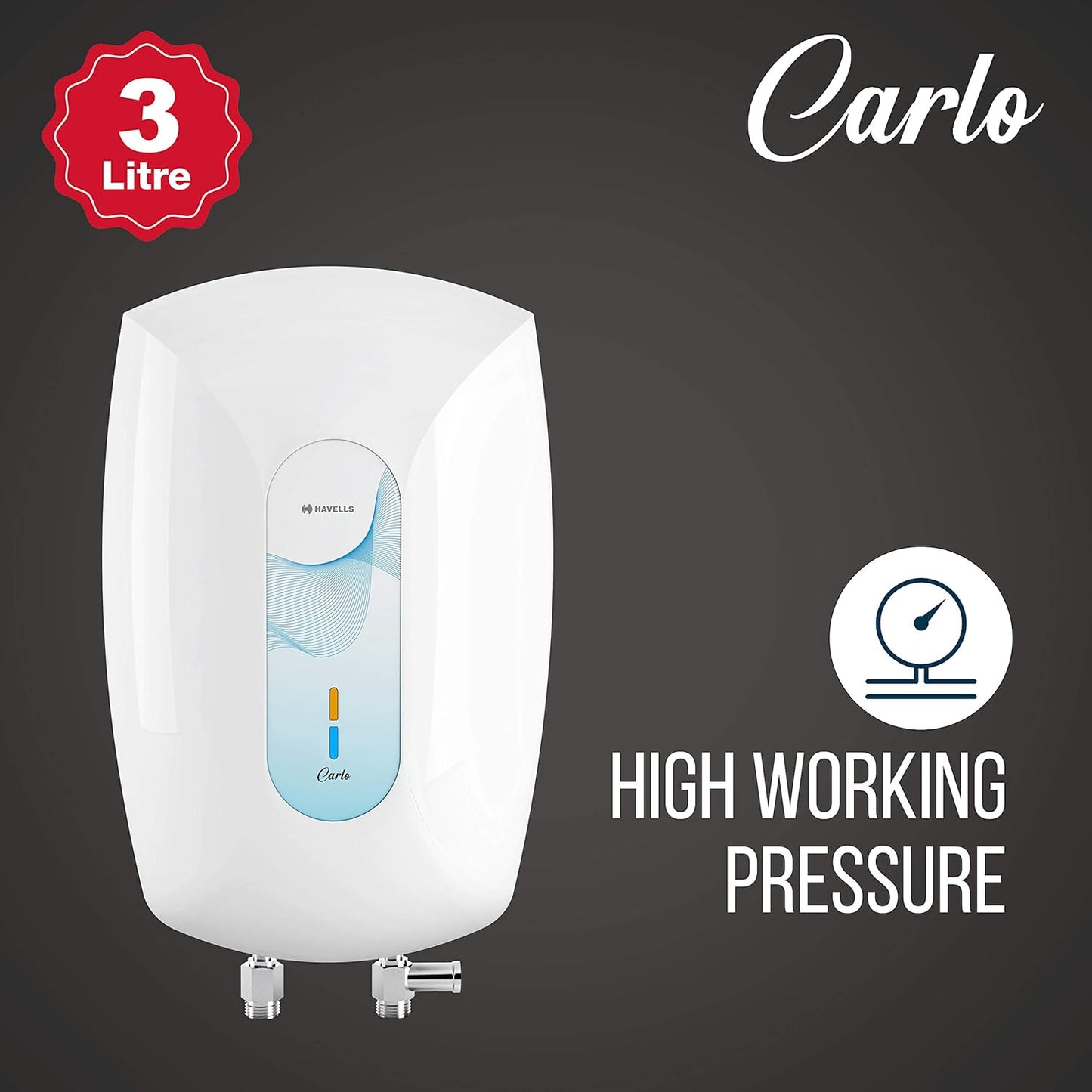 Havells Carlo 3 Litre Instant Water Heater (White Blue), Vertical Mounting