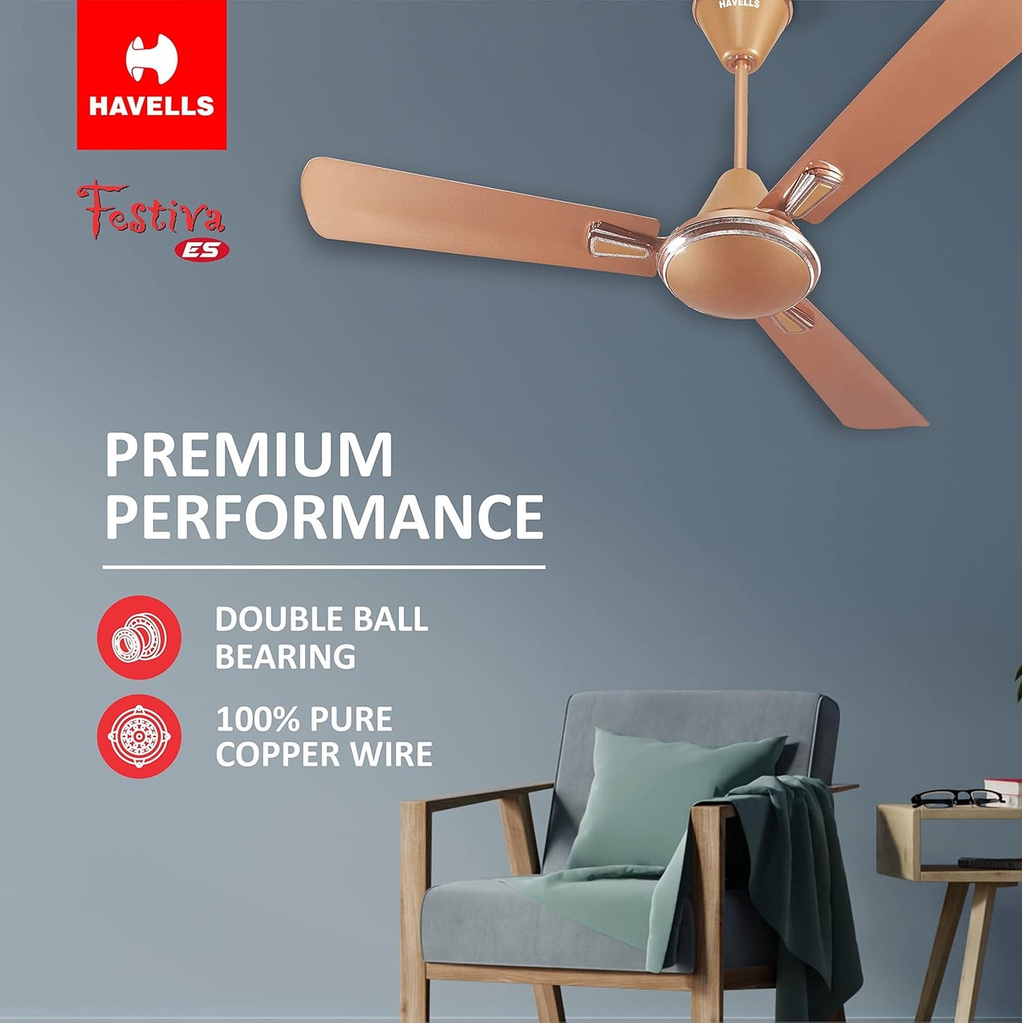 Havells 1200mm Festiva ES Ceiling Fan| Premium Finish|Energy Saving| Designer Fan for Home Decor|Elegant Looks| 230 m³/min Air Delivery| Hi-Speed Low Noise| 100% Copper Motor (Pack of 1, Pearl Copper)
