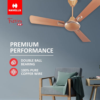 Havells 1200mm Festiva ES Ceiling Fan| Premium Finish|Energy Saving| Designer Fan for Home Decor|Elegant Looks| 230 m³/min Air Delivery| Hi-Speed Low Noise| 100% Copper Motor (Pack of 1, Pearl Copper)