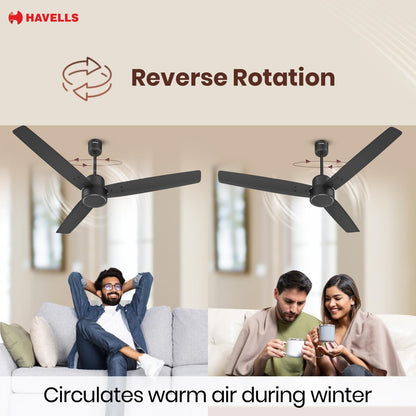 Havells FAB BLDC Ceiling Fan 1200mm (Made In India), 380 RPM, Savings Upto 65%, Reverse Rotation, 4 Modes (Boost,Sleep,Breeze,Mop), Low Wattage 30W, Low Noise, Air Flow:225 CMM, 3Y Warranty, Black