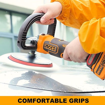 INGCO 20V Cordless Rotary Polisher 180mm Car Polisher M14, 7 Variable Speed, Buffer and Sander with 1Pcs 4.0Ah Battery & Charger, 1Pcs Tool Bag