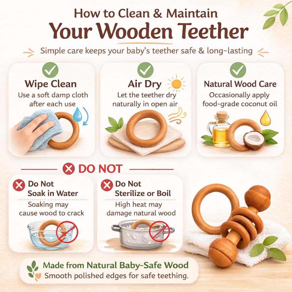 UdrCrafts® Baby Teether Combo Pack of 3 – Organic Neem Wood Teether Combo - 1 Ring, 1 Rattle, 1 Dumbbell Nibbler – Safe Natural Teething Toys | Wooden Teethers for 6 to 12 Months Baby (5)