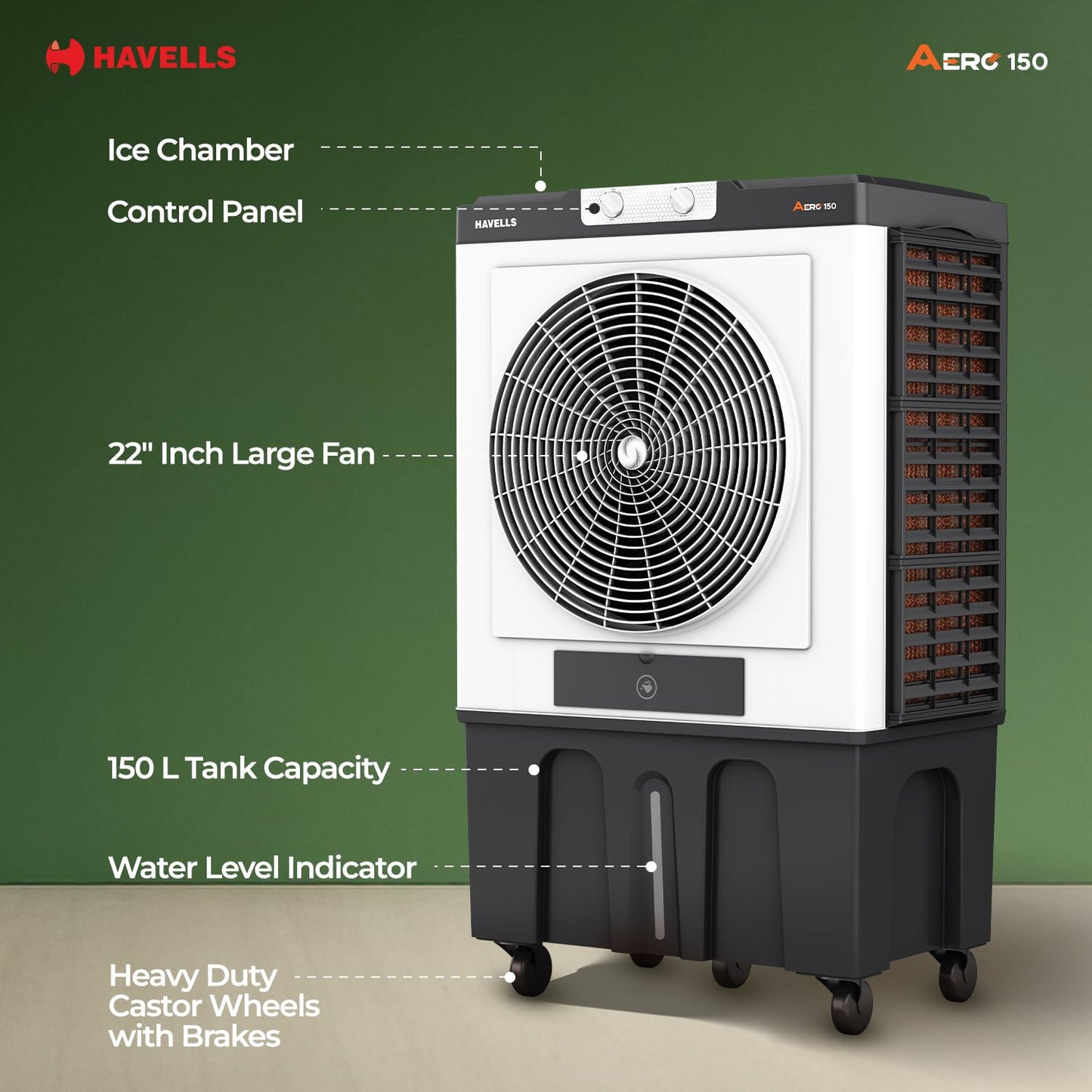 Havells Aero 150 L Premium Commercial Air Cooler| 22" Metal Blade Fan| Powerful Air-Delivery of 12000 m³/h| 3 Side Bacteria Shield Honeycomb Pads| Dust Filter Nets| XXL Ice chamber| Auto fill function