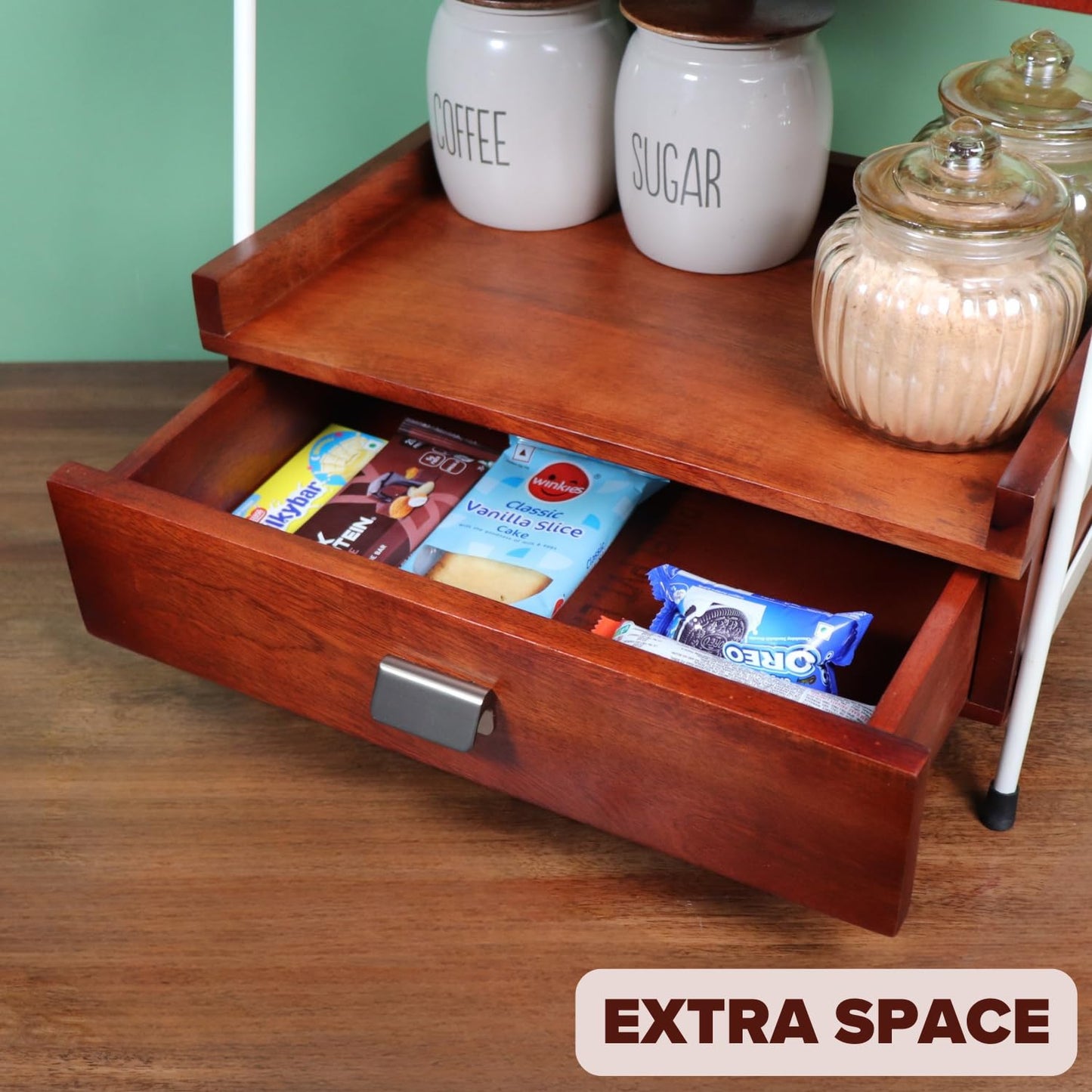 Udaipur Handicrafts Shelf Rack,(26.6D x 45.7W x 45.7H Cm) Handcrafted Organizer with Drawer| Multi-Purpose| Kitchen Rack Countertop| Wooden Spice Rack| Wooden Kitchen Organizer