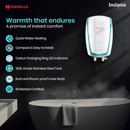 Havells Instanio 3L Instant Water Heater(Geyser)| Temp. Sensing LED Indicator| Rust & Shock Proof Body| ISI Marked|Warranty: 5 year on Inner Tank| High Rise Compatible (White Blue)