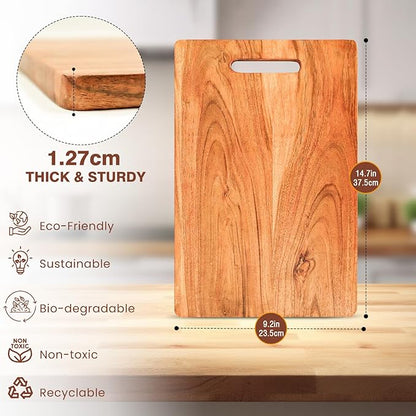 Udaipur Handicrafts Wood Chopping Board for Kitchen - 37.5x23.5x1.2cm|Reversible Cutting Board for Kitchen with Handle, Fruits & Cheese, BPA Free, Eco-Friendly, Anti-Microbial, Beige