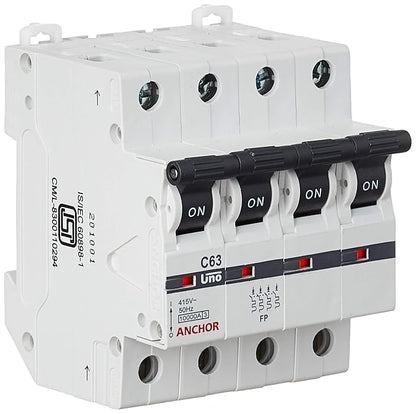 Anchor by Panasonic UNO 63 Amp Four Pole C Curve MCB | ISI Marked Four Pole 63A Miniature Circuit Breaker (98048-2)