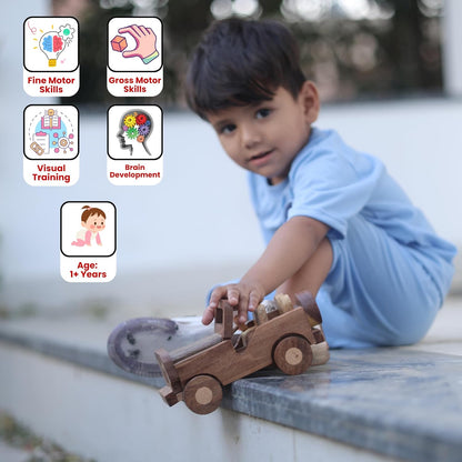 UdrCrafts® Handmade Wooden Open Gypsy Car Toy | Push Pull Toys Car for Kids | Natural Wood Non-Toxic, Showpiece for Living Room and Home Decore, 9 Months to 8 Years