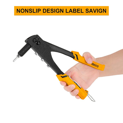 INGCO HR104 Hand Riveter, Iron Body, Heavy-Duty Hand Riveter, Applicable 4 Size Rivet Heads(Not Include), Hand Riveter Set for Metal - Free Interchangeable Heads (1 Set)