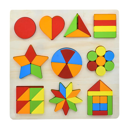 Udaipur HandiCrafts Wooden Shapes Puzzle Learning Toy, Montessori Game Educational Toys for Kids, Intelligence Brain Teaser Puzzle Board with 10 Designer Shapes, Multicolor, 3+ Years (Pack of 1)