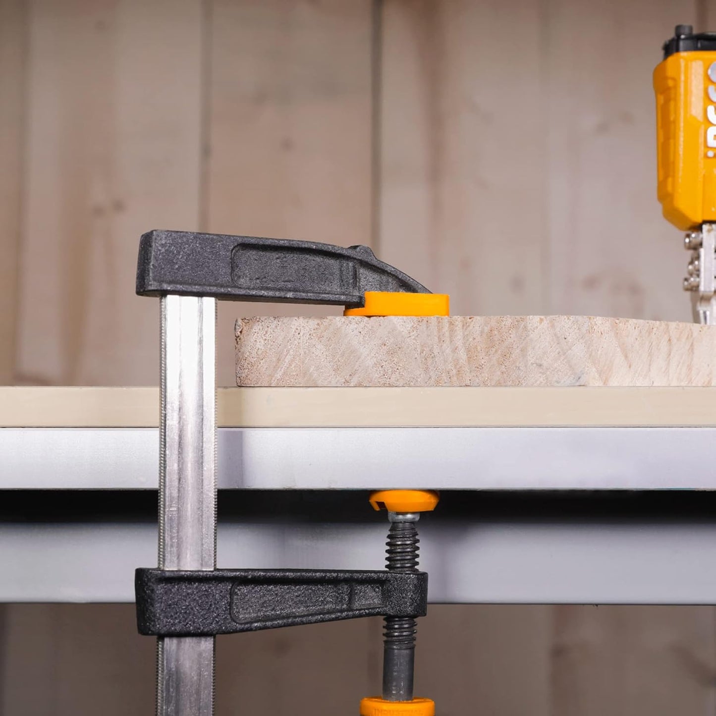 INGCO 4 PCS F Clamps (50x200mm), F Clamp with Rubberized Handle and Surface Protection PVC Cover for Better Grip Metal F Clamps for Woodworking Glass and Welding Works