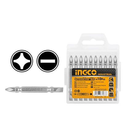 INGCO Screwdriver Bit, PH2+SL6, 65 mm, 10 PCS PACK, S2 Industrial Steel, Nickle Plated Megnetic
