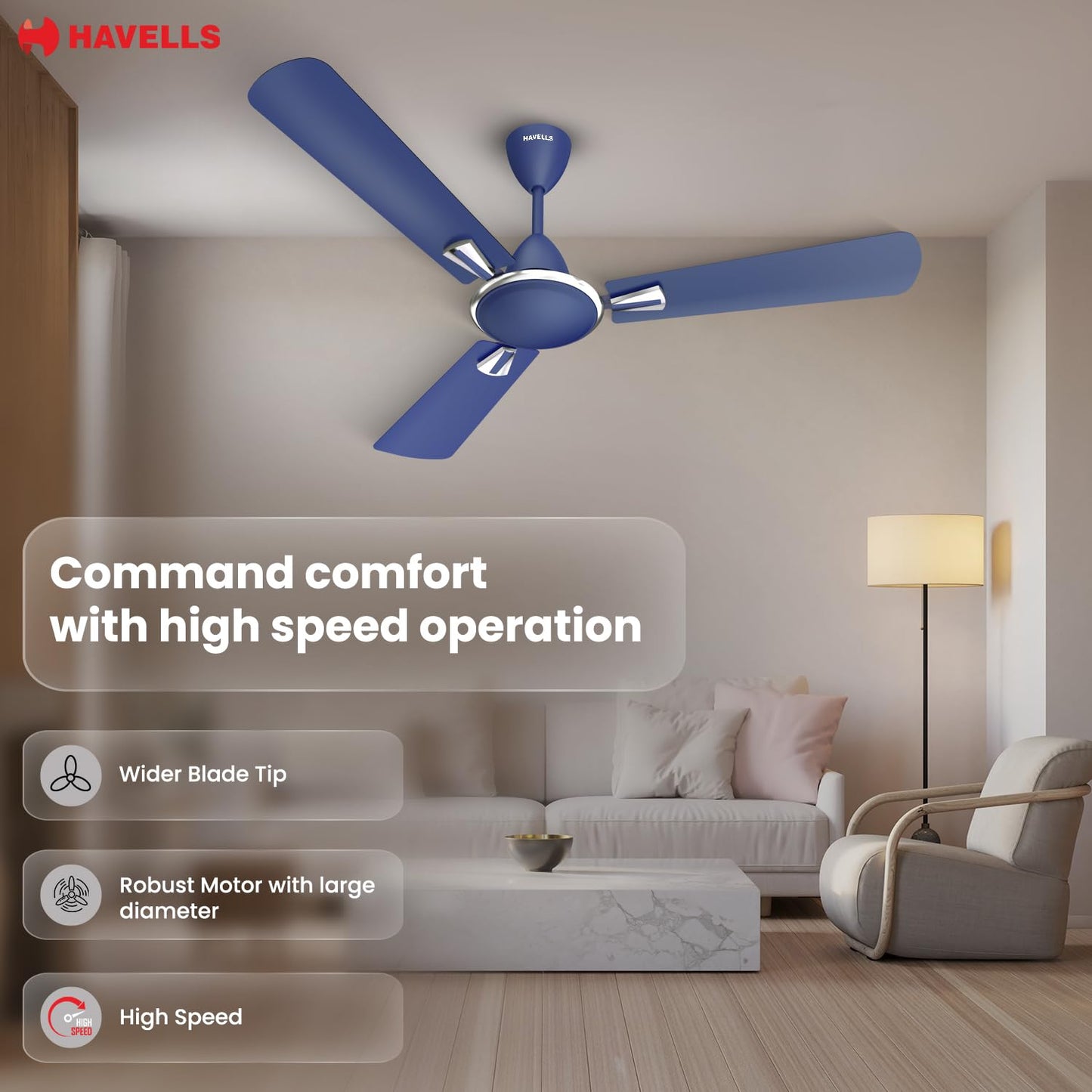 Havells Quickair 1200mm Ceiling Fan, High-Speed, Energy Efficient & Silent Operation with Modern Design, Ideal for Bedrooms | 2 Years Manufacturer Warranty | Matt Blue