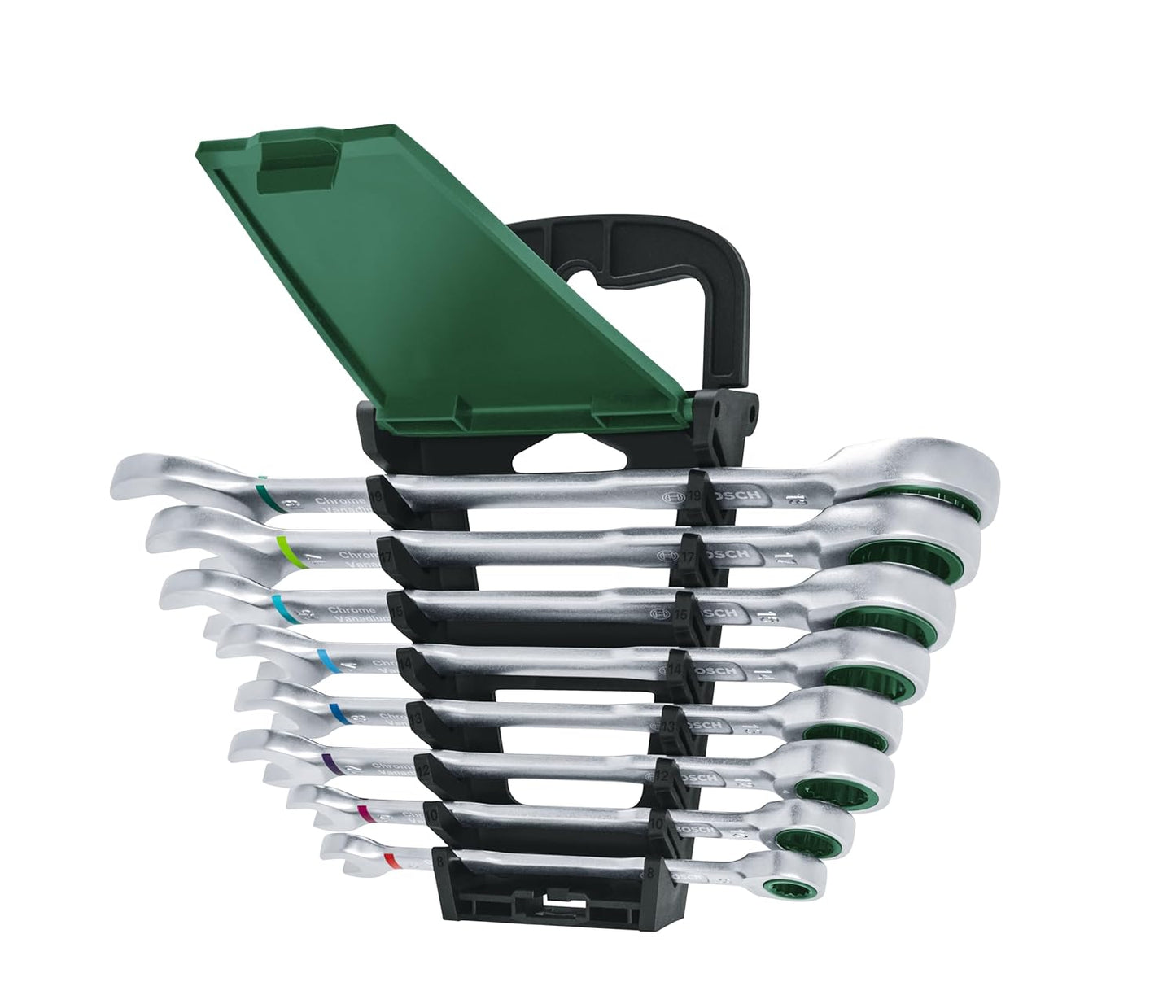 Bosch Ratchet Combination Wrench 8-Piece Set - Chrome Vanadium Steel, 72 Teeth, 5-Degree Working Angle, Rust Resistant & Comes with Compact Storage Case (Sizes: 8mm to 19mm)