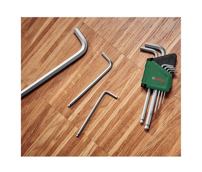 BOSCH 9-Piece Hex Key Set | 9 Sizes for Versatile Fastening & Assembly | Durable High-Strength Steel | L-Shaped Design for Extra Torque | Comfortable Grip for Easy Handling