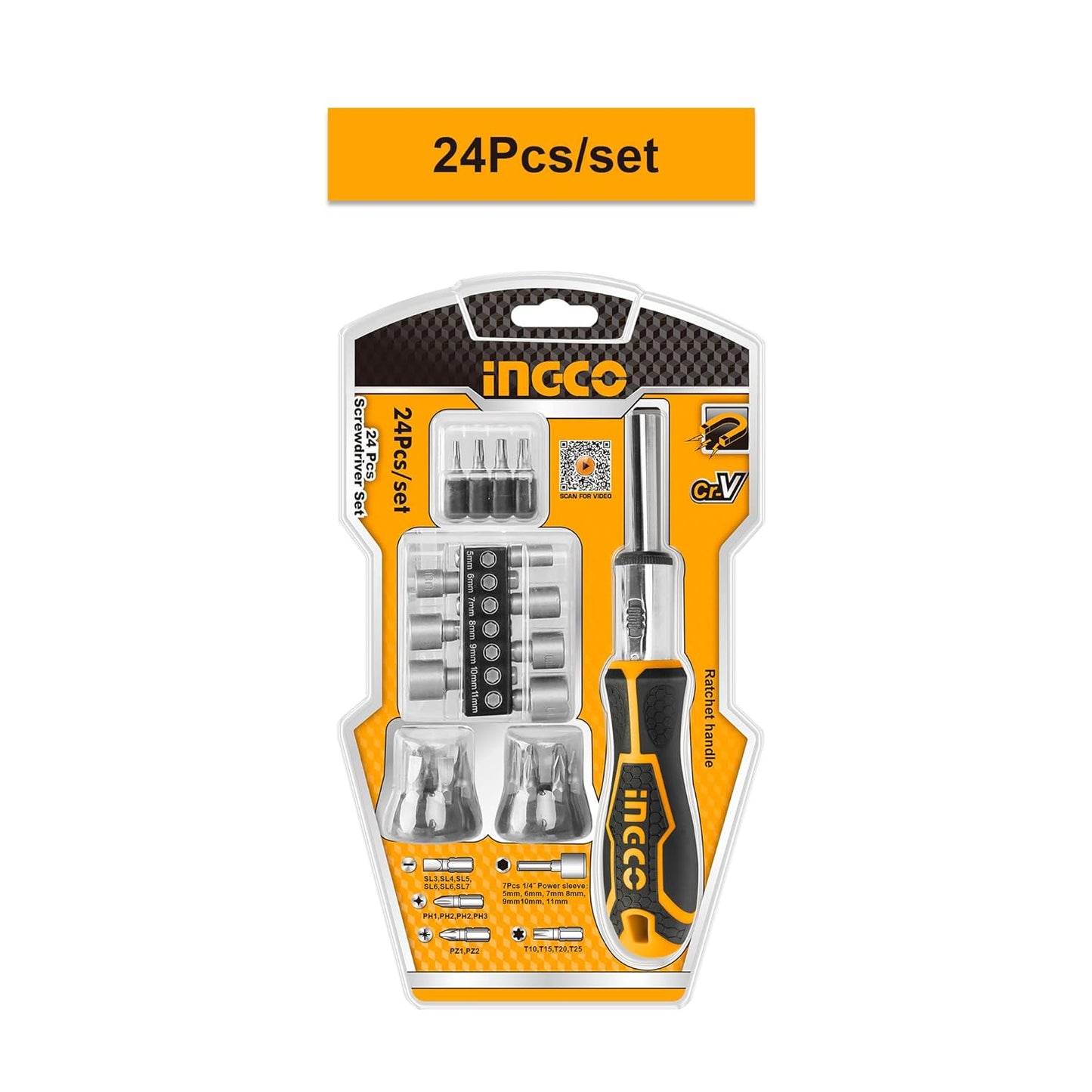 INGCO HKSDB0248 24 Pcs Screwdriver Set, 16 Pcs 6.35X25mm Screwdriver Bit, INGCO Style Ratchet Handle, High Auality Cr.V Material, Heavy duty, High Torque Resistance Screwdriver Set (1 Set)