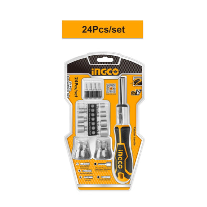 INGCO HKSDB0248 24 Pcs Screwdriver Set, 16 Pcs 6.35X25mm Screwdriver Bit, INGCO Style Ratchet Handle, High Auality Cr.V Material, Heavy duty, High Torque Resistance Screwdriver Set (1 Set)