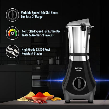 Havells Grace BLDC+ Mixer Grinder 800W|3 Jars|50% less perceptible Noise|45% Higher Grinding Power|Wider Mouth Jars with Clip Locking|Leak Resistant Jars|Lifetime Manufacturer Warranty on Motor(Black)