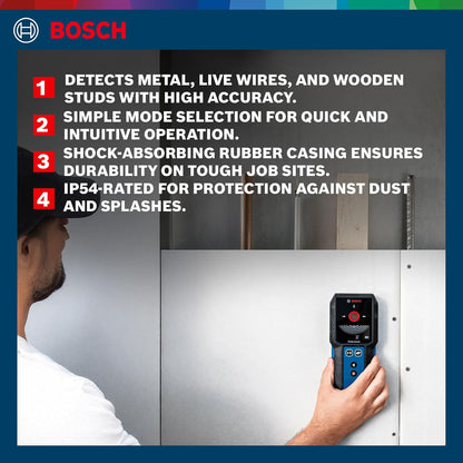 BOSCH GMS 120-27 Professional Wall Scanner Detector-Finds Metals, Live Wires, Wooden Studs in Drywalls, IP54 Dust & Splash Protection, 120 mm Range, Includes Pouch & Batteries, 1Yr Warranty from BOSCH