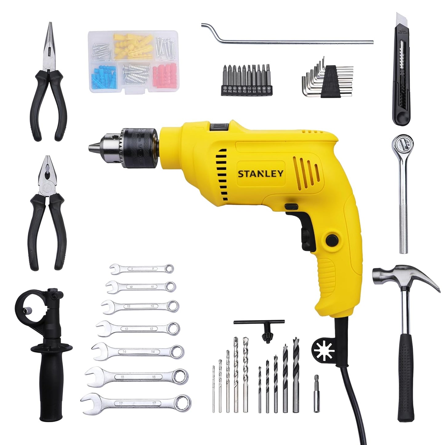 STANLEY SDH600KM-IN 600W 13mm Drill Machine with Mechanical Toolkit for Home, DIY & Professional Use (120-Pieces) - Includes Hammer Drill, Hammer & Measurement Tape, 1 Year Warranty, YELLOW & BLACK