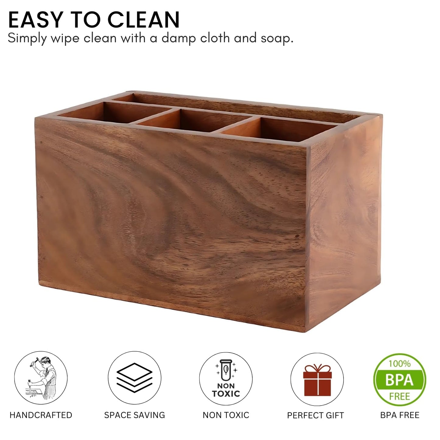 Udaipur Handicrafts Hand Crafted Acacia Wood Chatai Four Part Spoon Holder| Cutlery Holder| Kitchen Caddy | Wooden Cutlery Rack for Kitchen | Wooden Spoon Stand for Dining Table