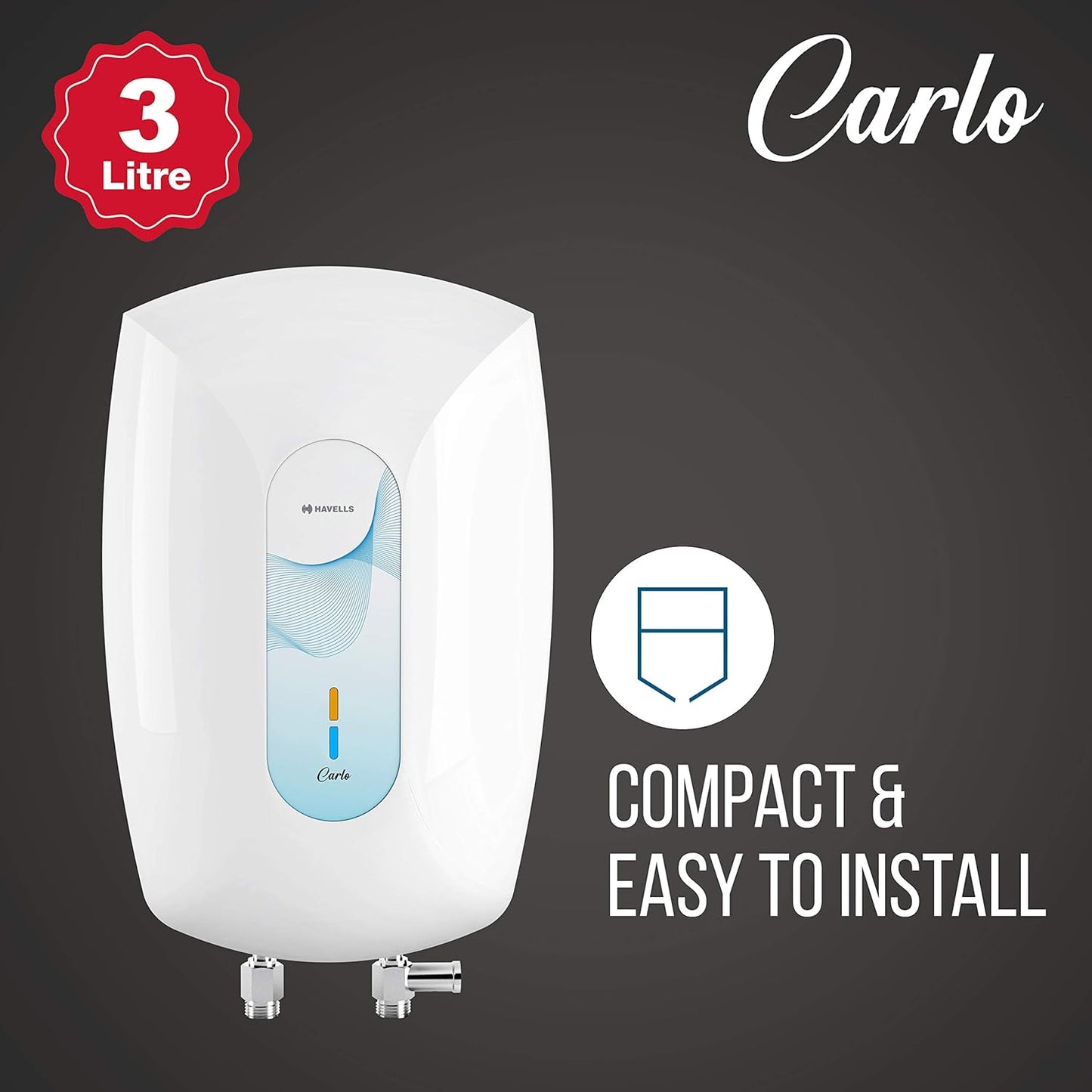 Havells Carlo 3 Litre Instant Water Heater (White Blue), Vertical Mounting