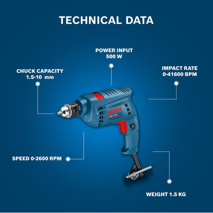 BOSCH GSB 10 RE Corded-Electric Tool Kit | 100-piece Tools Box Kit | Power Supply 500W | Impact Drill Machine | Impact Rate upto 41600 BPM | Speed upto 2600 RPM | 1 Yr Warranty