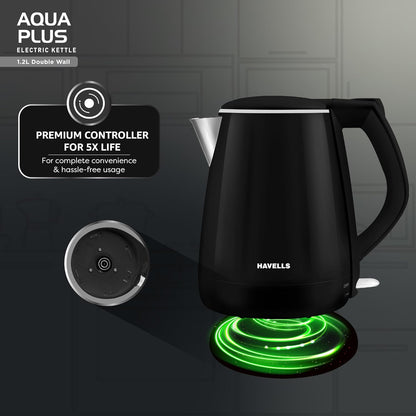 Havells Aqua Plus Electric Kettle 1.2 Litre, 1250 Watt | 304 Stainless Steel Inner Body | Cool Touch Body | Auto Shut-Off |Wider Mouth|2 Years Door Step Warranty by Havells (Black)