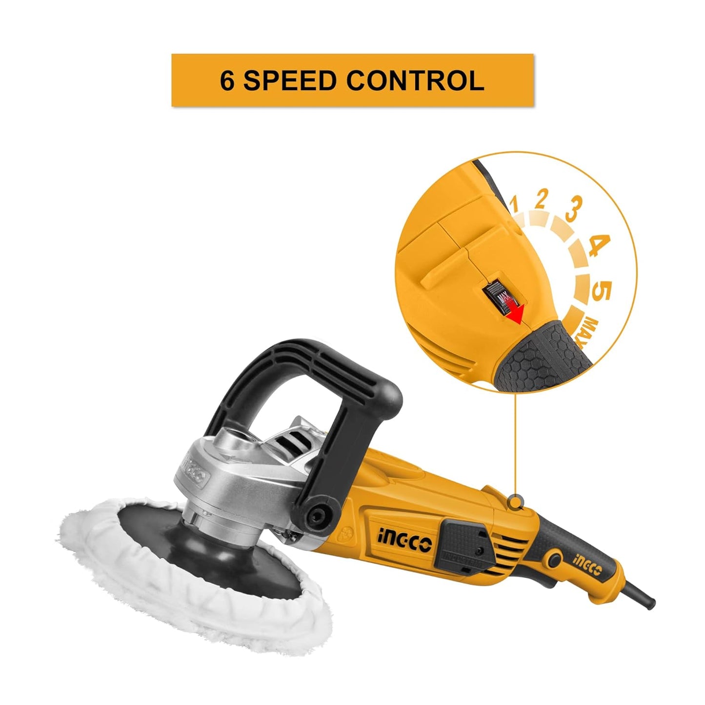 Ingco Angle Polisher Polisher, 180mm Diameter Variable Speed, 1400W | 900-3800RPM, Rotary Car Buffer Polisher Waxer, Detachable Handle Perfect for Boat,Car Polishing and Waxing