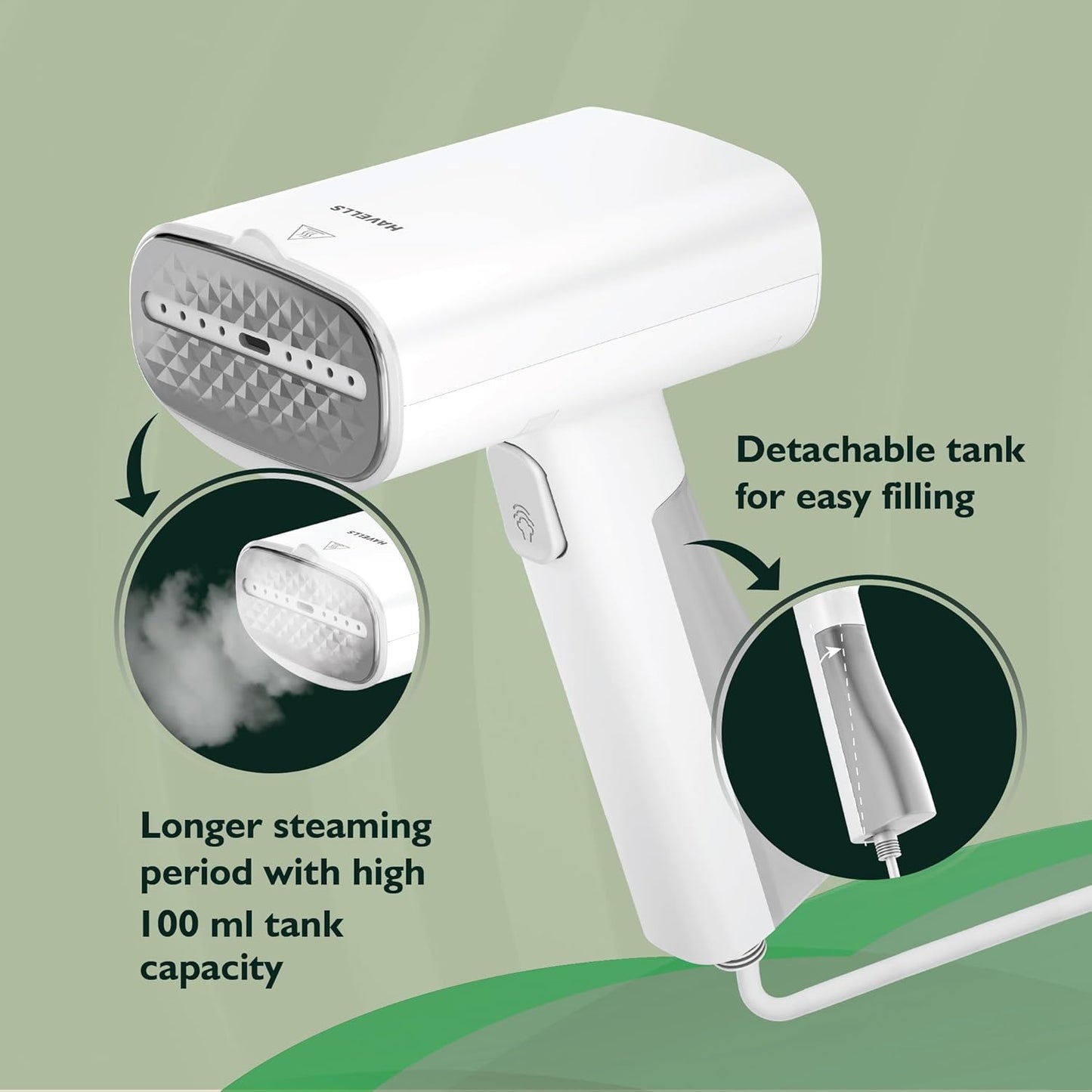 HAVELLS Vela Handheld Garment Steamer for Clothes | 1100 Watt | 360° Steaming | Anti-Spill Technology | Quick Steam Ready |100ml Detachable Tank | Upto 22g/min Steaming Rate | 2 Year Warranty | White
