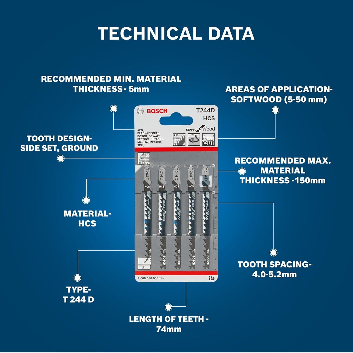 Bosch T244D Jigsaw Blades 5pcs Wood Metal, Multicolor