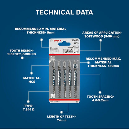Bosch T244D Jigsaw Blades 5pcs Wood Metal, Multicolor