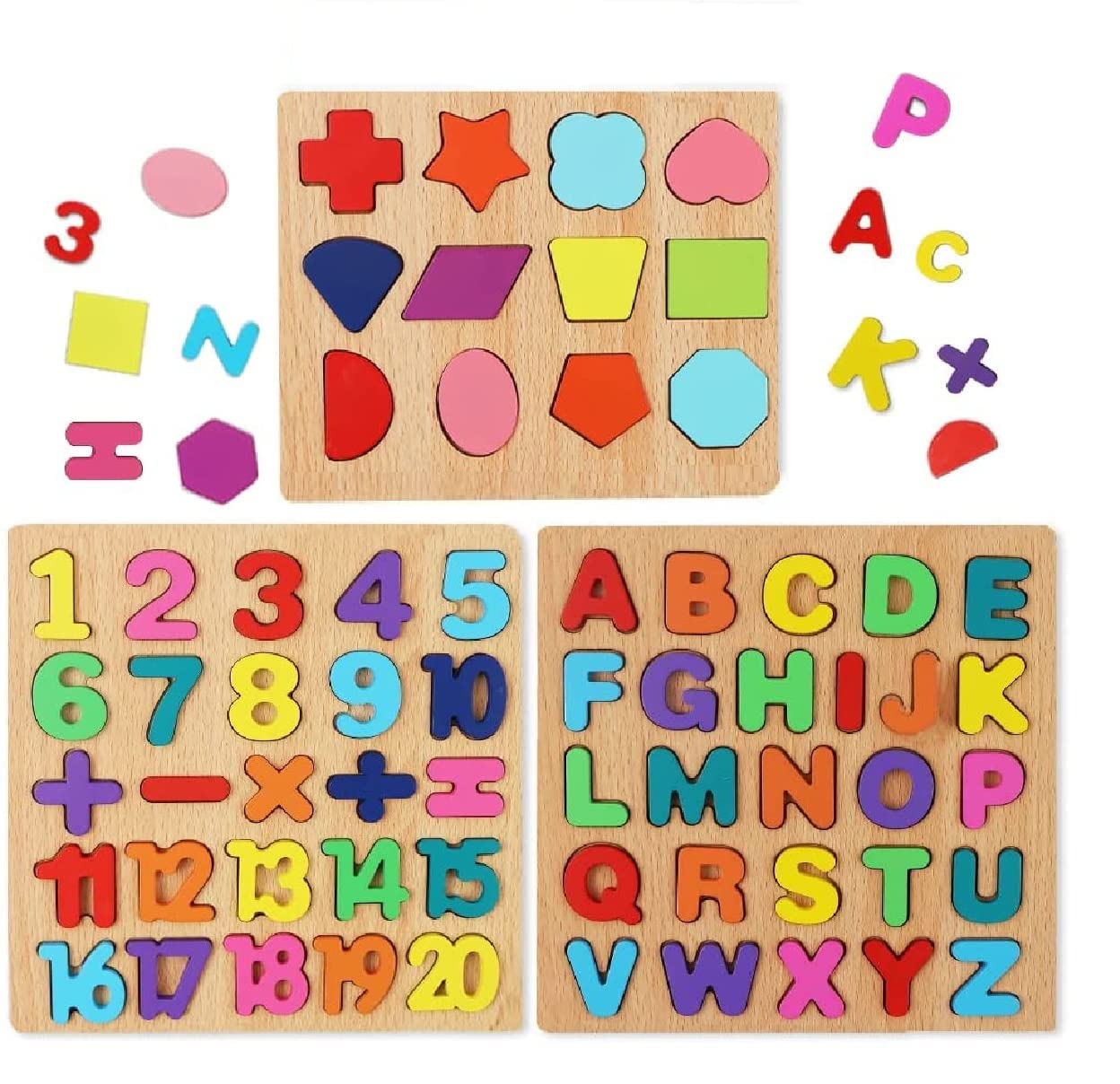 Udaipur HandiCrafts Wooden Learning Educational Game Board for Kids, Puzzle Toys for 2 Years Old Boys & Girls (Alphabets, Numbers & Shapes)
