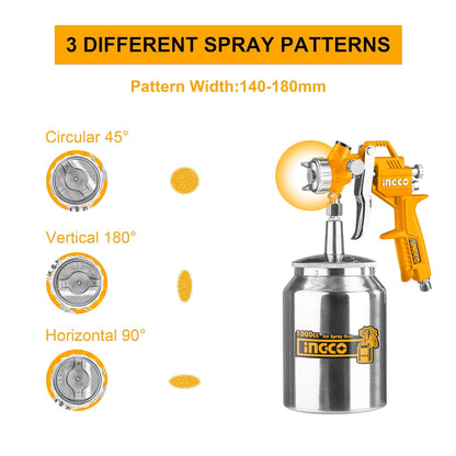 INGCO Air Spray Gun, 1000ml Capacity, 3-4 Bar Operating Pressure, 1.5mm Nozzles Stainless Steel, 200 l/min,Pneumatic Tool Suitable for Base Coat Spray Gun for Auto Paint