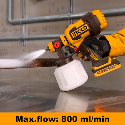 INGCO 20V Cordless Spray Gun 120Din-s, 800ml/ min, Cleaning & Blowing Joints, Electric Fence Paint Gun for Fencing and Decking, with 1Pcs 2.0Ah Battery and 1Pcs Charger CSGLI20042