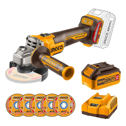 INGCO 20V Cordless Brushless Angle Grinder 100mm, 900W, M10, 3-Speed Adjustment 3000/6000/9000RPM, With 1Pcs 4.0Ah Battery And Charger CAGLI261021