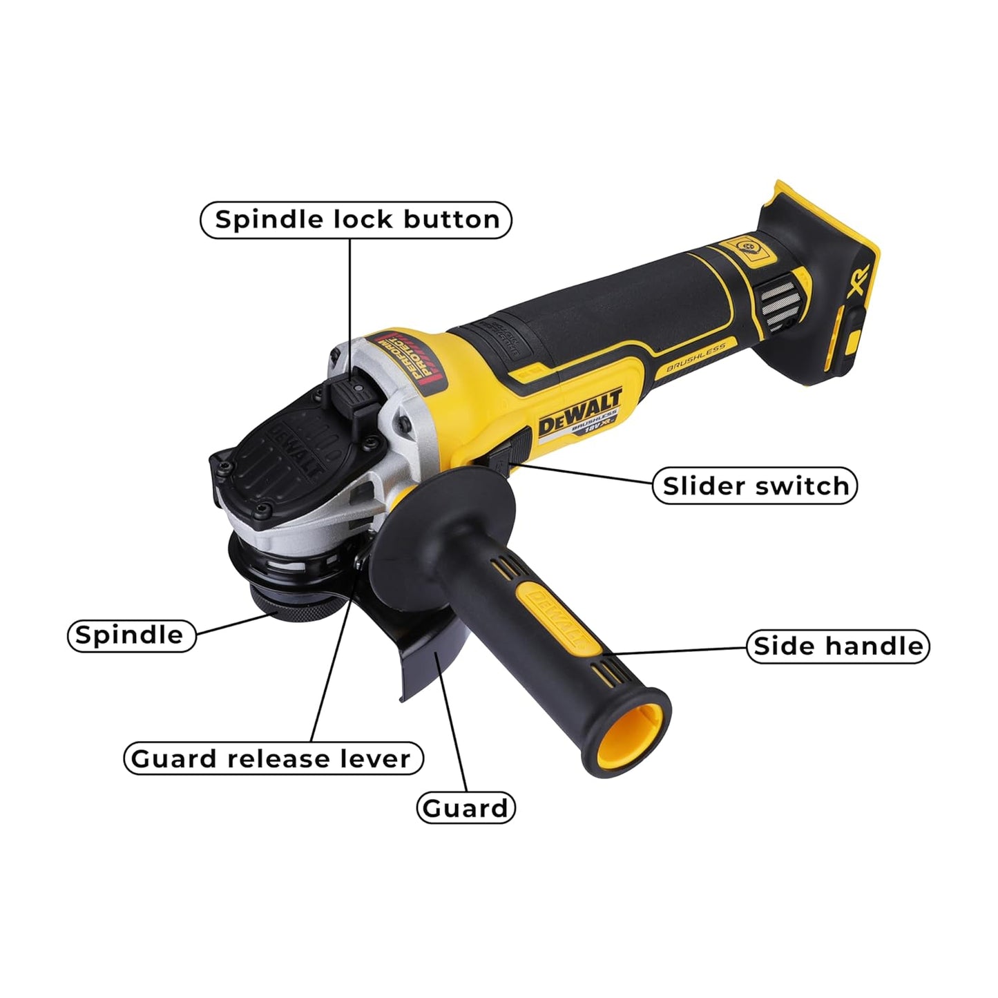 DEWALT DCG405N-XJ 18V 125mm XR Li-ion Cordless Angle Grinder with Brushless Motor - Perform and Protect Shield (Bare Tool)