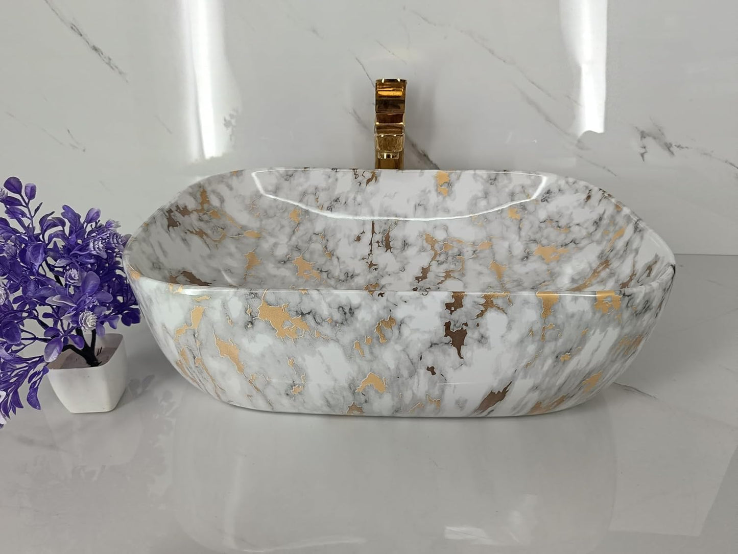 UdrCrafts® Ceramic TABLE TOP WASH BASIN, Luxury Marble Pattern Vessel Sink, Rectangular Bathroom Wash Basin, White and Gold, Premium Wash Basin Countertop, Tabletop Ceramic Bathroom Sink/Basin