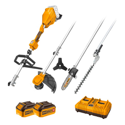 INGCO 40V Cordless Brushless 4IN1 Pole Hedge Trimmer, Pole Saw, Grass Trimmer & Brush Cutter, with 2Pcs 4.0Ah Battery and 1Pcs Dual-Port Charger CSTLI2040386