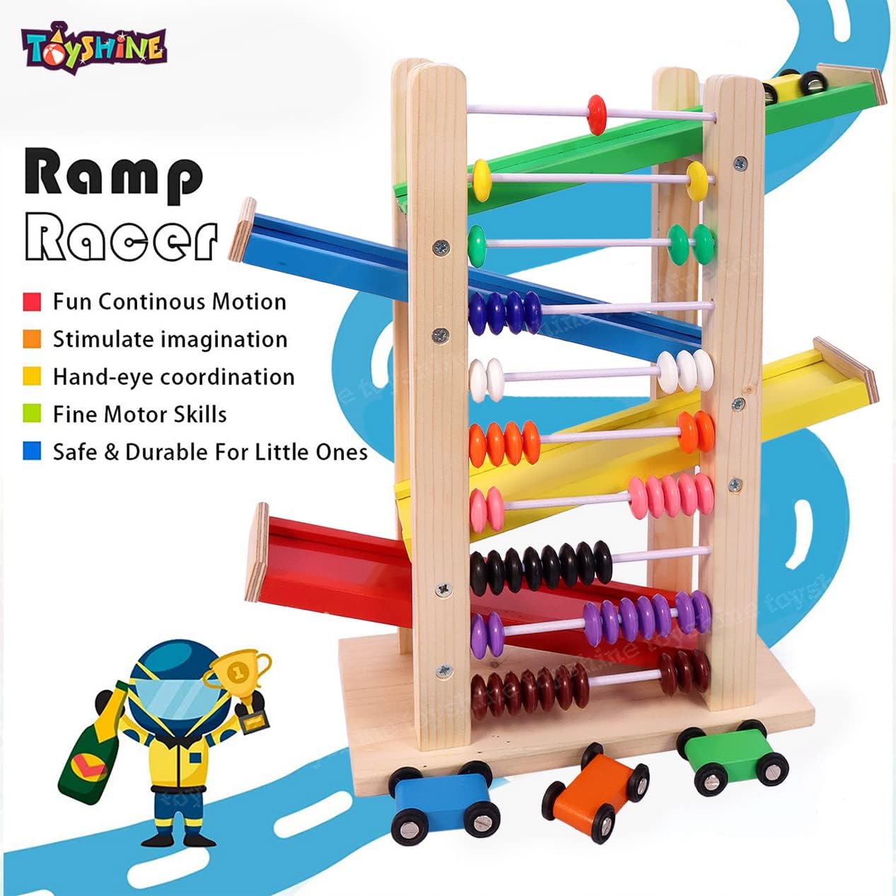 UdrCrafts® Wooden Racer Ramp Toy with 4 Car Ramps, 4 Mini Cars & Abacus – Wood Race Track for 3-5 Year, Boys & Girls –Educational Vehicle Toys- Multi Color