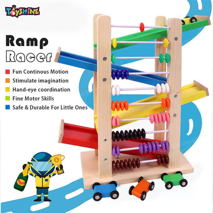 UdrCrafts® Wooden Racer Ramp Toy with 4 Car Ramps, 4 Mini Cars & Abacus – Wood Race Track for 3-5 Year, Boys & Girls –Educational Vehicle Toys- Multi Color