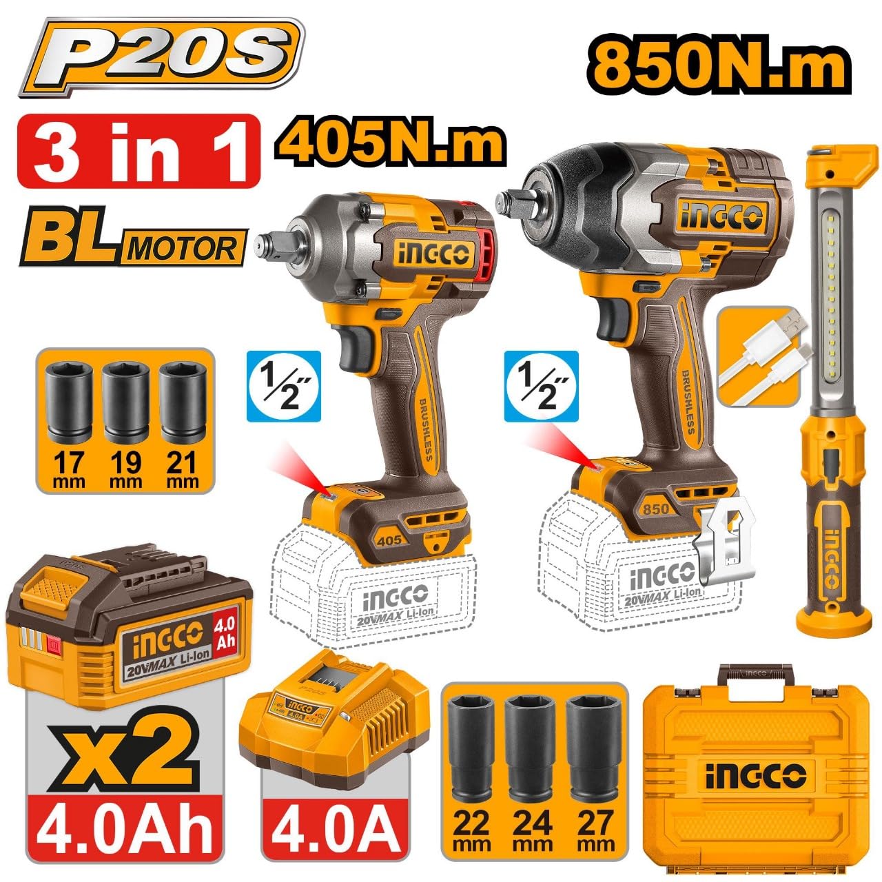 Ingco 3pcs 20V Combo Kit COSLI251085 850nm & 405 nm Combo With AI Mode