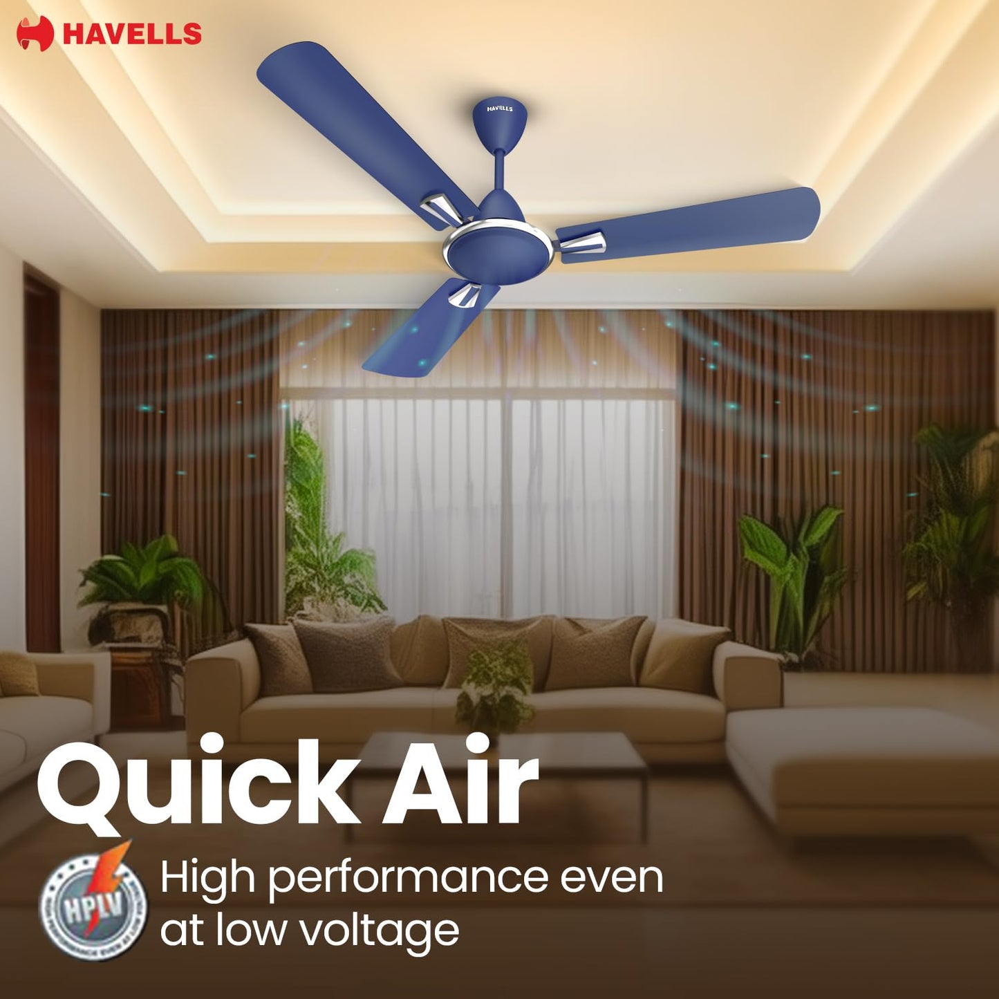 Havells Quickair 1200mm Ceiling Fan, High-Speed, Energy Efficient & Silent Operation with Modern Design, Ideal for Bedrooms | 2 Years Manufacturer Warranty | Matt Blue