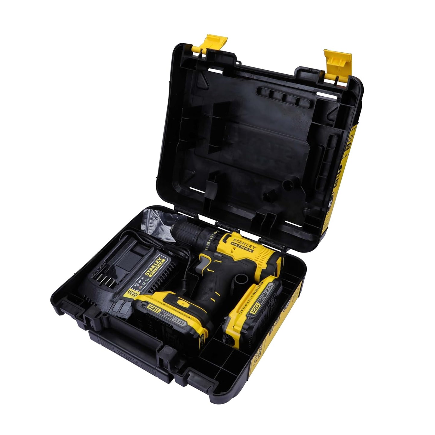 STANLEY FATMAX SCD700D2K 20V 13 mm Reversible Cordless Brushed Drill Machine Driver With 2x2.0Ah Li-ion Batteries, 1pc Charger, 2 Speed Gearbox & LED Worklight, 2 Year Warranty, YELLOW & BLACK