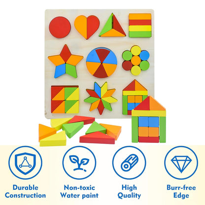 Udaipur HandiCrafts Wooden Shapes Puzzle Learning Toy, Montessori Game Educational Toys for Kids, Intelligence Brain Teaser Puzzle Board with 10 Designer Shapes, Multicolor, 3+ Years (Pack of 1)