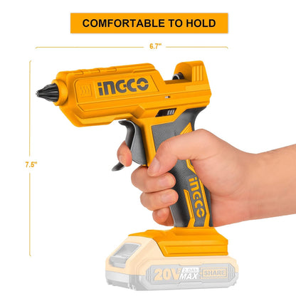 INGCO 20V Cordless Glue Gun, Battery & Charger not Included, 15-18g/min | 11.2mm Glue stick diameter | 60s Heat-up time Mini Hot Glue Gun With 3 pcs Glue Sticks for Crafts DIY Arts Home Quick Repairs