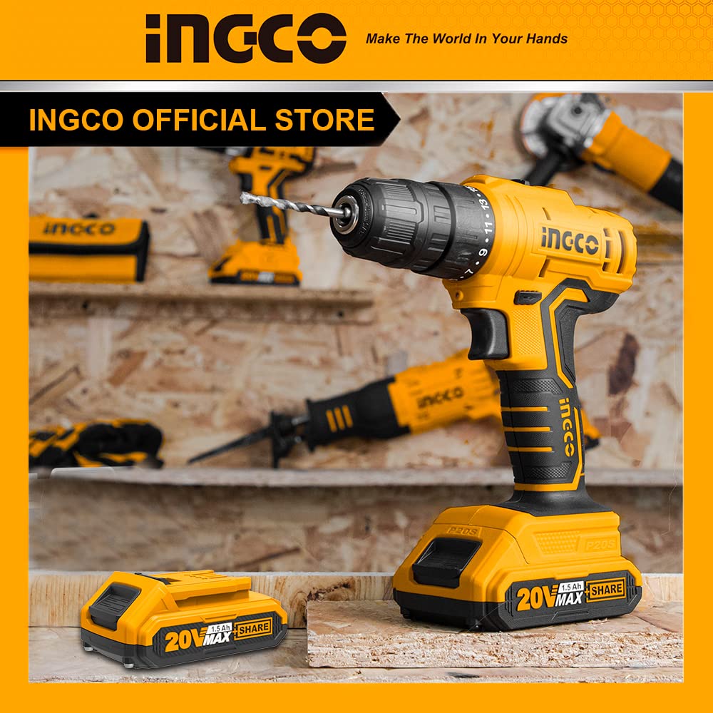 INGCO 20V Cordless Drill, 15+1 0.8-10mm 45NM 2-speed Gear, 0-400/0-1500/rpm Electric Drill Machine, Drill Machine Kit 2pcs Lithium-ion 1.5Ah Battery,1 Fast Charger, 1pcs Screwdriver (1 Set)