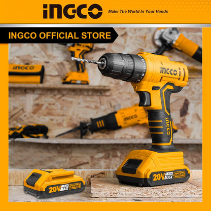 INGCO 20V Cordless Drill, 15+1 0.8-10mm 45NM 2-speed Gear, 0-400/0-1500/rpm Electric Drill Machine, Drill Machine Kit 2pcs Lithium-ion 1.5Ah Battery,1 Fast Charger, 1pcs Screwdriver (1 Set)