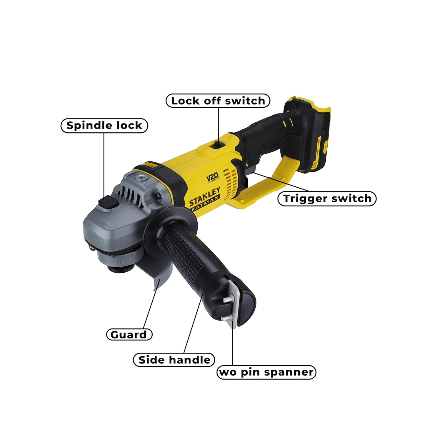 STANLEY FATMAX SCG400-B1 20V 2.0Ah 100mm Cordless Brushed Grinder for Mechanic, Tradesmen & Professional Use, Batteries Not Included, 2 Year Warranty, YELLOW & BLACK
