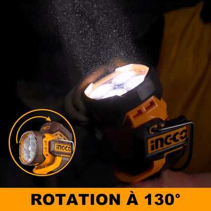 Ingco CWLI2088 20V Wireless LED Torch (Product Only), High Quality LED, 2000 Lumens, 3 Mode Settings, Adjustable Light Head for Hiking Camping